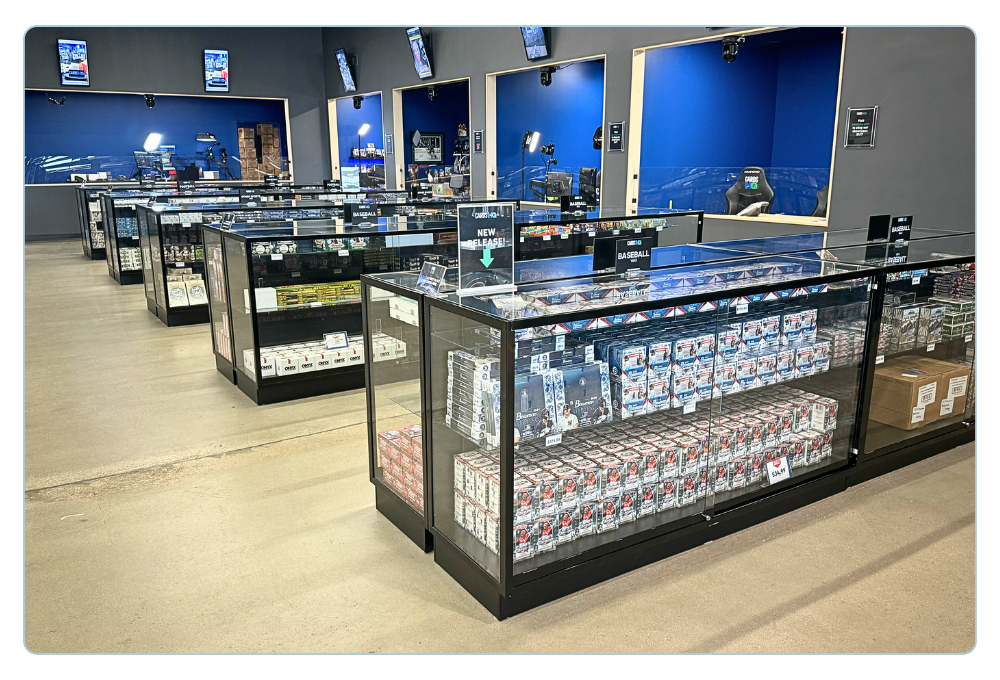 Retail wall fixture displaying trading card accessories and supplies