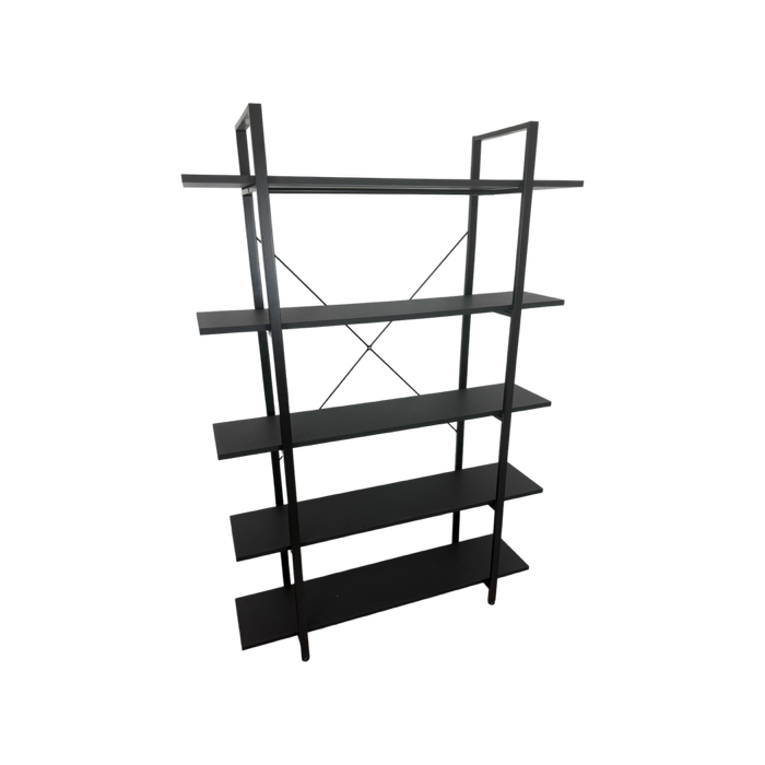 Black shelving unit with 5 shelves