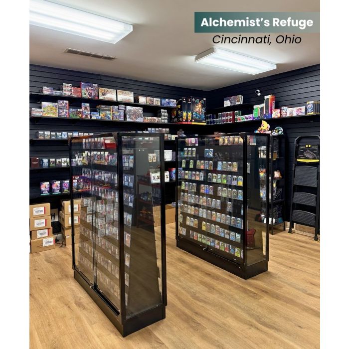glass display cases for selling cards and money exchange QTYORD Card Case, Aluminum 34" L x 22" W Display Case Cards, XL Large Table Top Display Case with Lock, Portable Trade Show for Jewelry MTG Collectible and golden oak finish w/ crystal clear acrylic sides Elite Trading Card Display Case