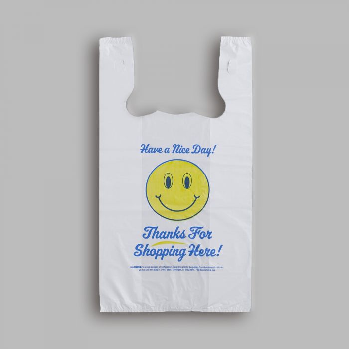 Large White Happy Face Heavy-Duty Plastic T-Shirt Bag