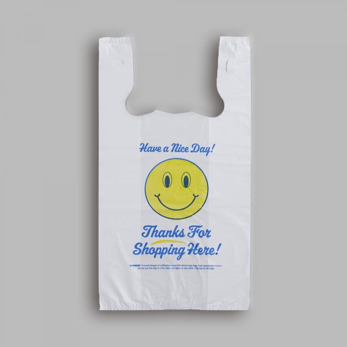 White Happy Face/Smiley Face HDPE T-Shirt Bags - Full Size - 1/6 BBL 1 –  Source Direct Inc