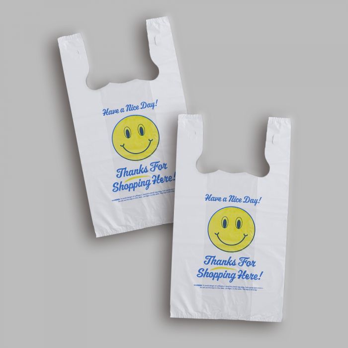 Small White Happy Face Heavy-Duty Plastic T-Shirt Bag