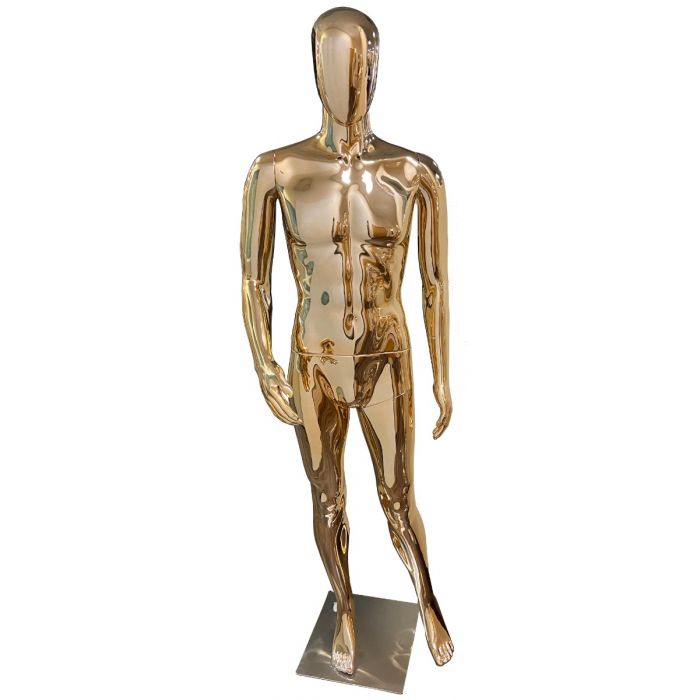 Full Body Male Mannequin with Egg Head and Mirrored Gold Finish