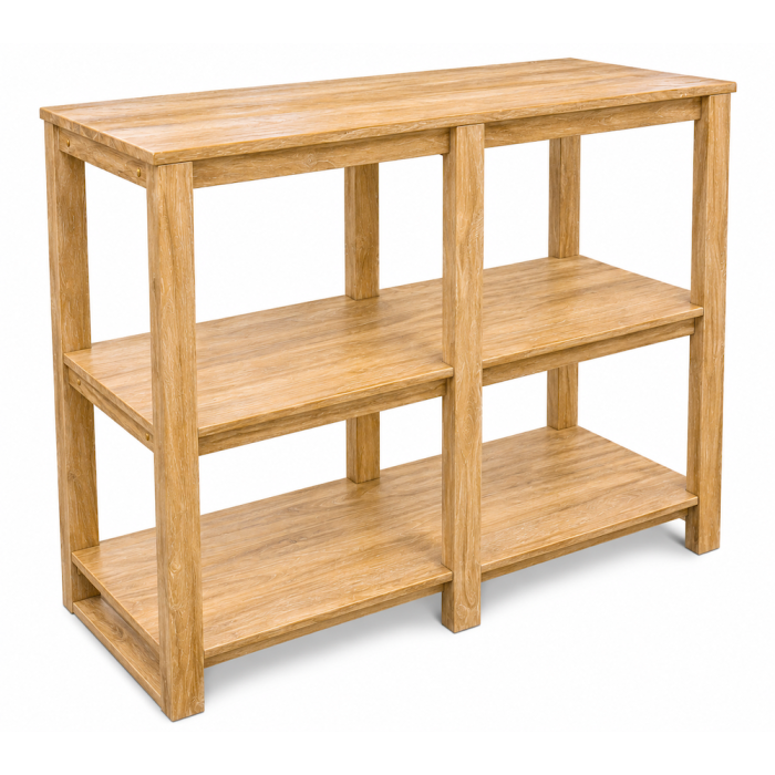Tiered retail merchandising display table with multi-level shelves in natural wood finish