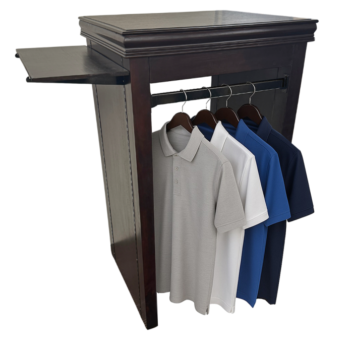 Golf pro shop apparel display fixture for polos, jackets, and accessories with dark wood finish