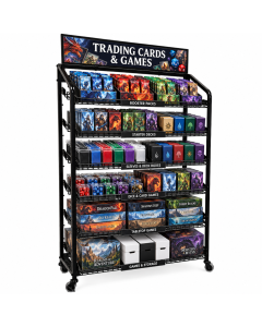 Six-shelf trading card and game display rack merchandised with booster packs, deck boxes, dice, and games, with a top sign holder and casters.