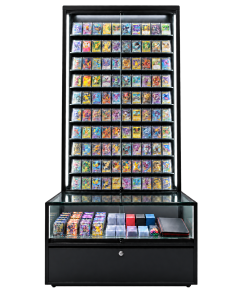 Black LED trading card combo display with an illuminated locking wall case and lower showcase with a locking storage base.