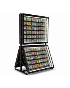 Elite Pro 4-Way Trading Card Display with illuminated black locking showcases for Pok&eacute;mon and collectible cards.