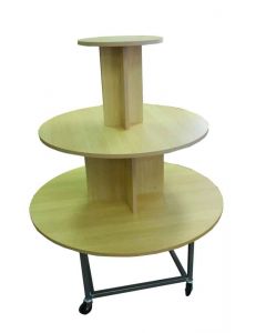 3 TIER ROUND MAPLE TABLE ON CASTERS