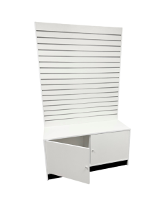 White Slatwall Gondola with Storage and metal Inserts