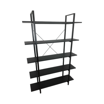 5 tier black shelf unit with wood shelves 10" deep shelves