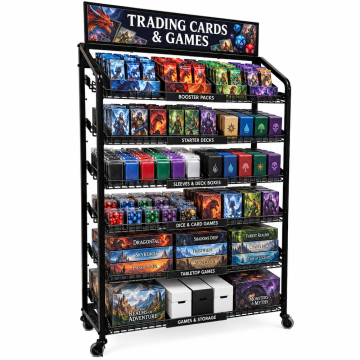 Six-shelf trading card and game display rack merchandised with booster packs, deck boxes, dice, and games, with a top sign holder and casters.