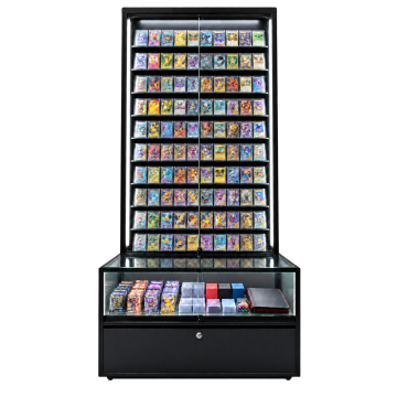 Black LED trading card combo display with an illuminated locking wall case and lower showcase with a locking storage base.