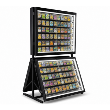 Elite Pro 4-Way Trading Card Display with illuminated black locking showcases for Pokémon and collectible cards.