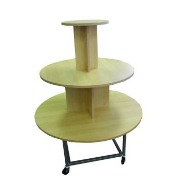 3 TIER ROUND MAPLE TABLE ON CASTERS