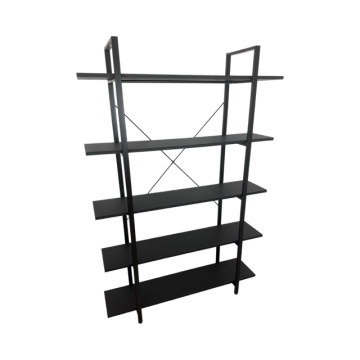 5 tier black shelf unit with wood shelves 10" deep shelves