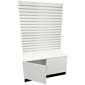 White Slatwall Gondola with Storage and metal Inserts